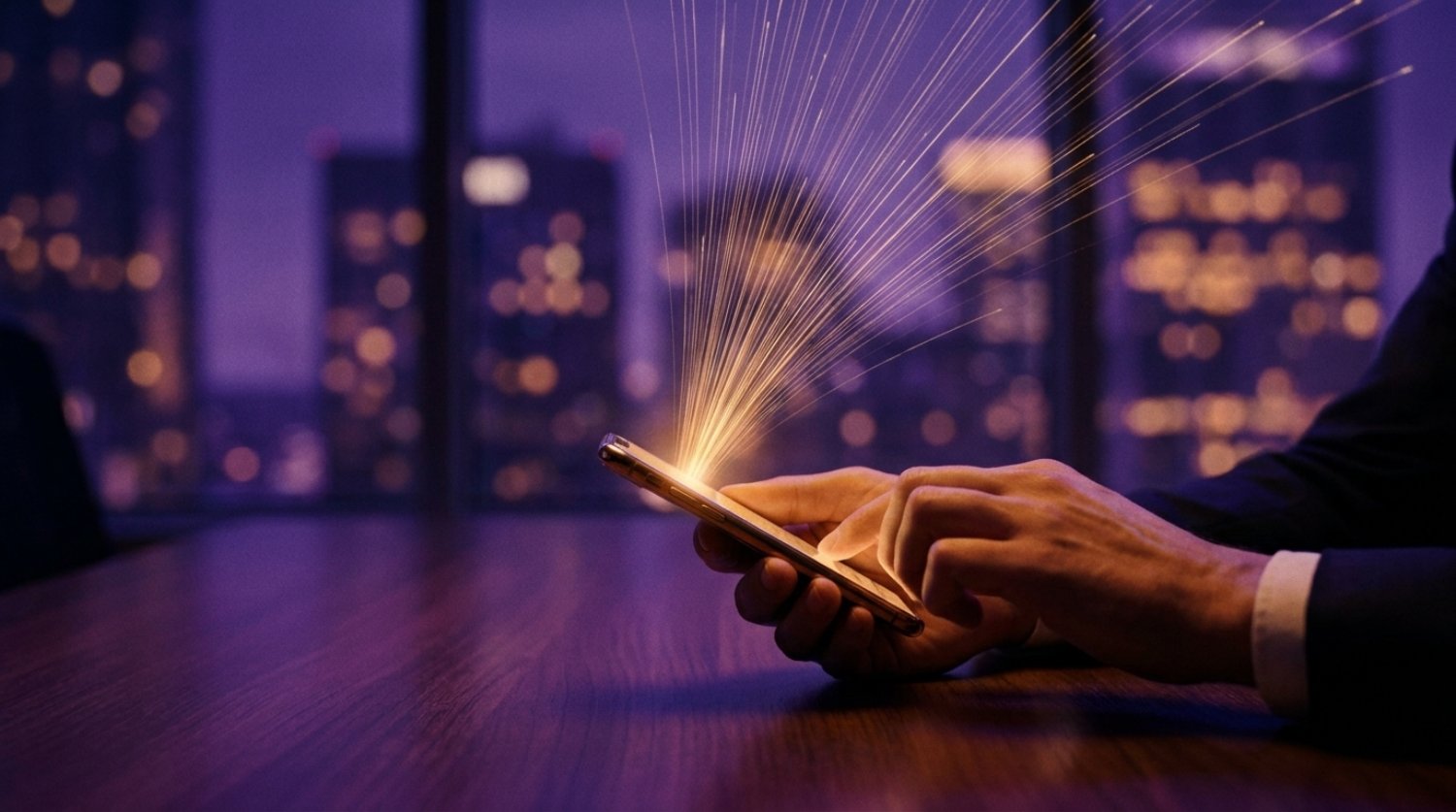 Hands holding a phone at night, mid-search, with fine gold light traces reaching out toward a violet city