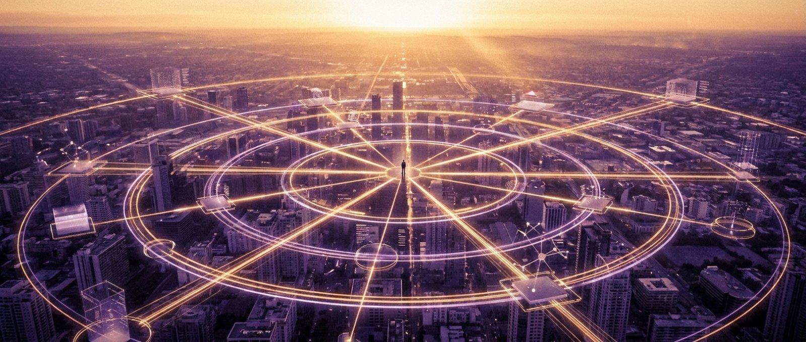 An ordered network of light connecting many points across a city seen from above