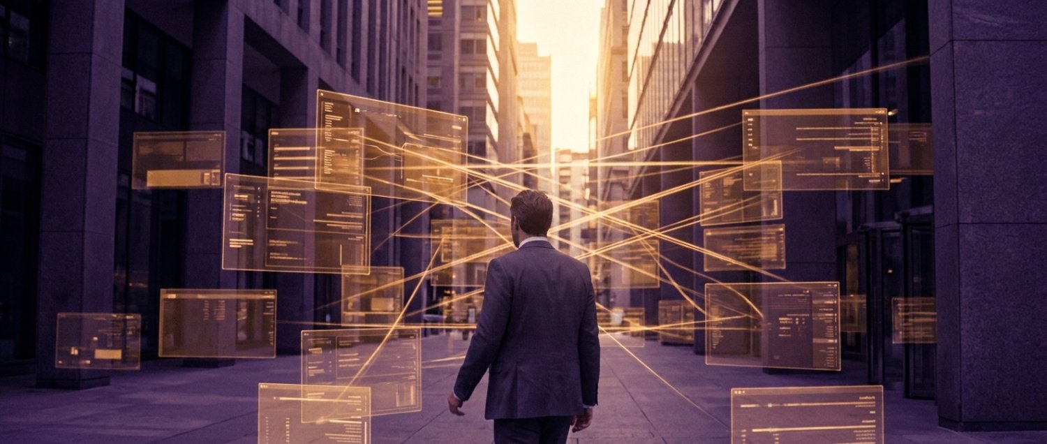 A business figure small within a congested cityscape of overlapping, stalled interface panels