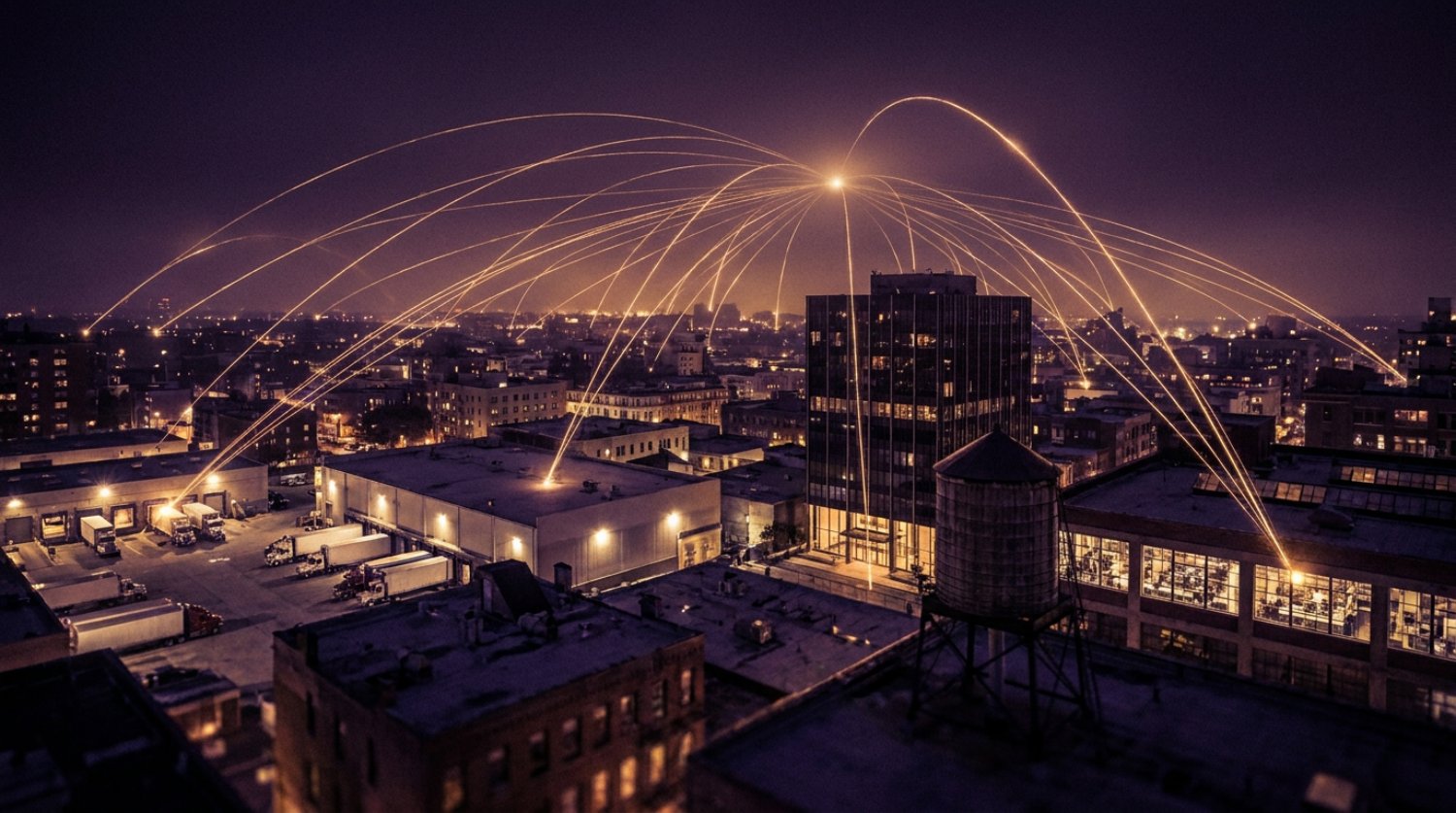 An elevated night view over a city where ordinary places send arcs of gold light toward one convergence point