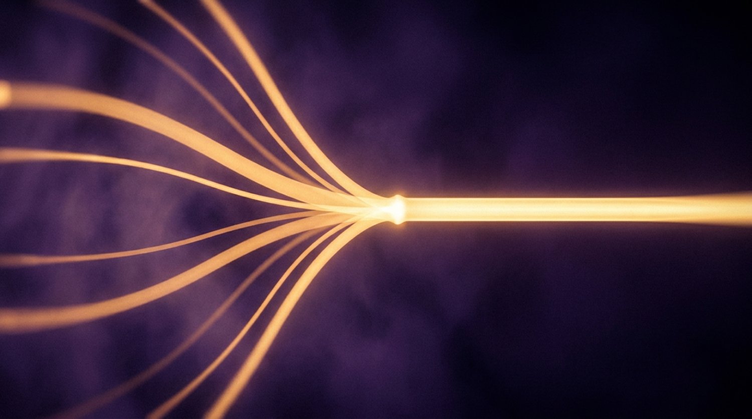 Several gold light streams converging into one unified channel through a violet void